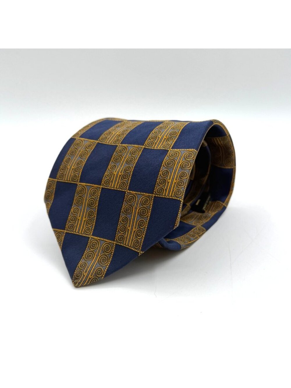 Lanvin Paris Blue & Gold Checkered Geometric Pattern All Silk Tie 55.5" x 4"